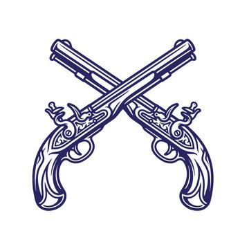 Vintage crossed flintlock pistols vector drawing with flintlock historical illustration isolated background ornamental engraved military steampunk detailed