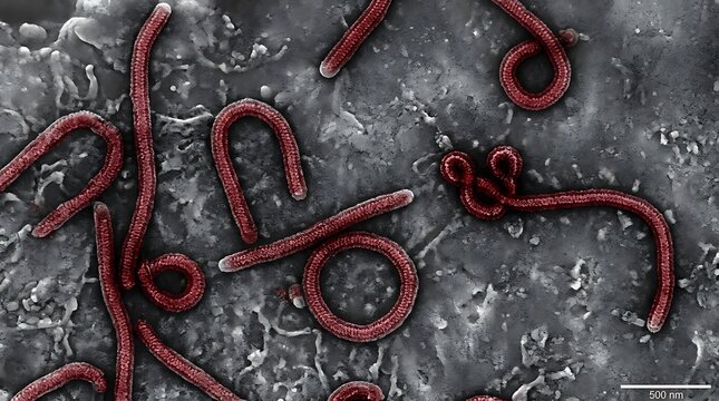 Ebola virus particles on a dark background