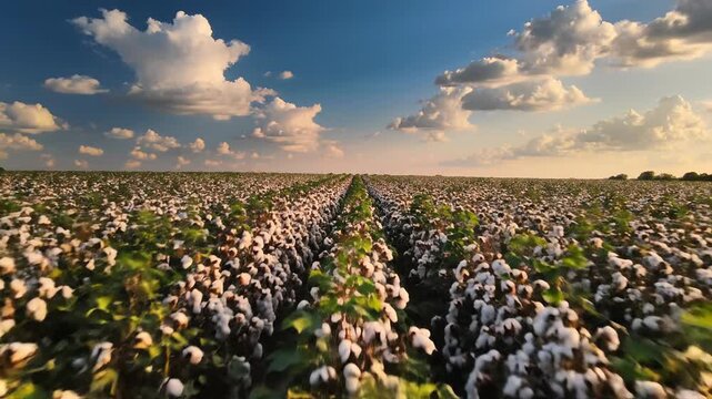 Vast cotton field under a blue sky with fluffy clouds, rows of ripe cotton plants ready for harvest.