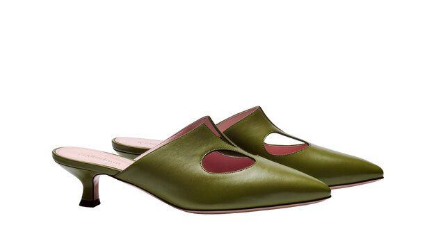Isolated elegant green leather pointed toe mules with cut-out details and kitten heels