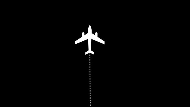 Animated airplane flying on dash line path from down to up with start point and dash line trace. Dashed line route animation on transparent.