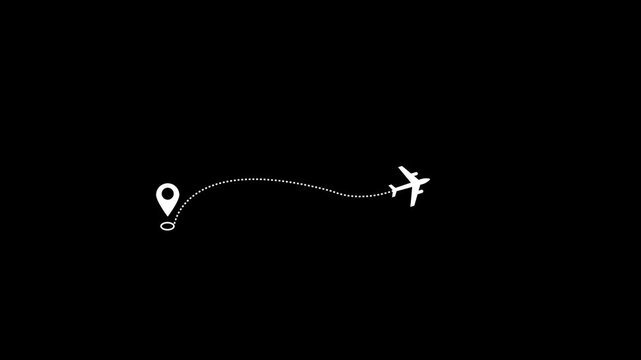 Minimalist airplane icon flying along dotted route line from map pin location marker, vector concept of air travel, vacation journey, and global transportation.