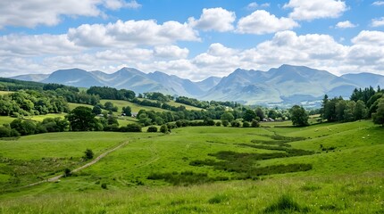 Fototapeta premium Rolling green hills and mountains under a blue sky