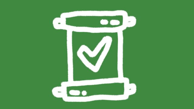 Approval document scroll hand-drawn cartoon graphic with chalk outline check mark certification icon isolated on green screen background for compliance certification and successful agreement line art.