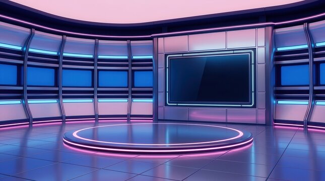 3D virtual TV news studio with a modern backdrop for television shows.
