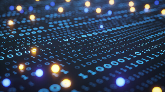 Abstract digital landscape with blue binary code lines and scattered bright orange and blue glowing orbs of light