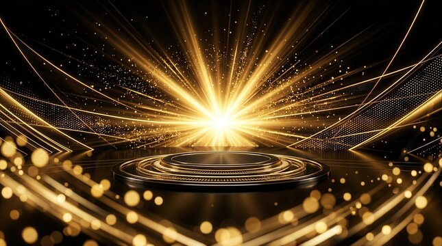 Abstract luxury background featuring golden shapes and bright light rays.