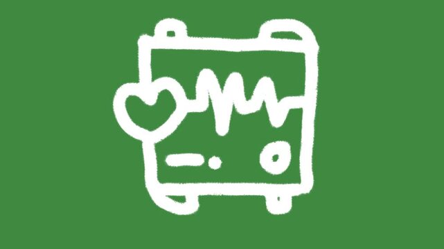 Healthcare heart rate document scroll hand-drawn cartoon graphic with chalk outline ECG lifeline chart icon isolated on green screen background for medical diagnostics and wellness line art element.