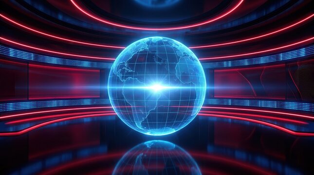 3D digital world breaking news studio background with glowing globe