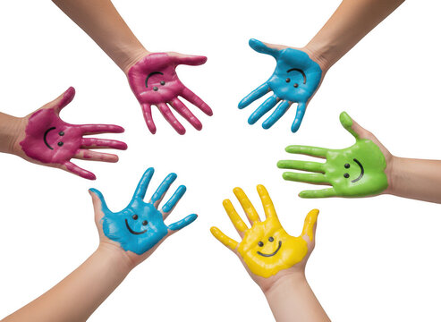Five colorful hands joined together in unity