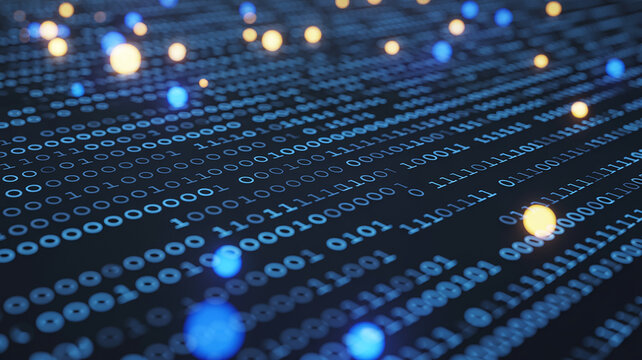 Flowing streams of blue binary code on a dark background illuminated by scattered glowing orange and blue spheres of