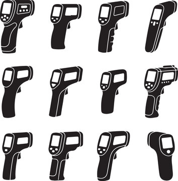 Digital infrared thermometer icon set, non-contact laser temperature scanner vector, medical pyrometer silhouettes, health monitoring device symbols, electronic thermal measurement equipment, 
