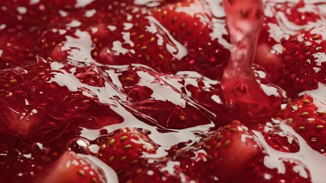 Close-up of strawberry jam being poured into a bowl. Macro shot of red fruit sauce with strawberry pieces and seeds. Sweet dessert topping and food preparation concept
