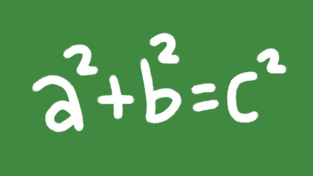 Pythagorean theorem math formula hand-drawn cartoon graphic with chalk outline geometry equation icon isolated on green screen background for creative school classroom lesson line art element concept.