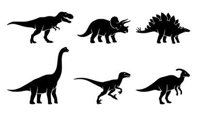 Six Dinosaur Silhouettes Vector Collection Black and White Prehistoric Animals © MdRabbi