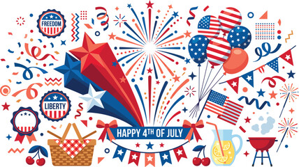 Obraz premium A festive illustration for independence day featuring fireworks american flags balloons stars picnic baskets and party decorations to celebrate the fourth of july holiday