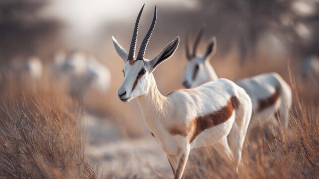 Elegant springboks grazing in the african savannah during a radiant sunset
