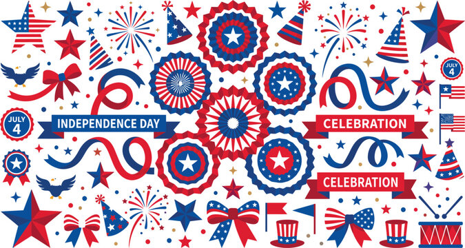 A festive collection of independence day design elements featuring patriotic stars fireworks ribbons party hats and decorative rosettes in red white and blue colors