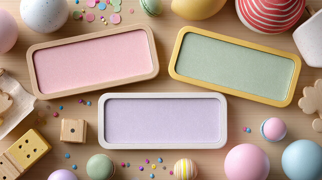 Editable nameplate set for kids, cute rounded rectangle tags in pastel colors. Surrounded by playful toys and confetti. Clean flat lay, soft light, ideal for school desk organization and branding.
