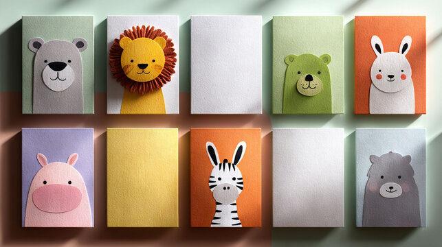 Clean flat lay mockup of kindergarten animal flashcards with editable blank spaces. Minimalist design on a bright pastel background, realistic lighting, ideal for school projects and teaching aids.
