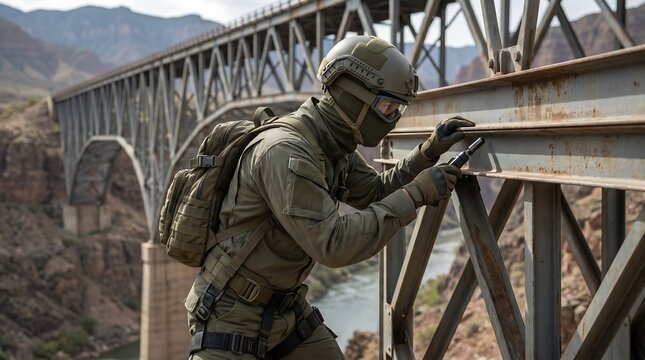 A tactical operative in specialized gear meticulously navigates the complex metal framework of a grand bridge, spanning a deep river canyon with focused determination