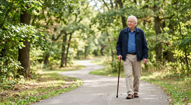 Elderly man walking with a cane on a paved path in a green park. Active senior gentleman enjoying a stroll in nature