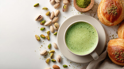 Obraz premium Pistachio latte with steamed milk foam and ground pistachio powder. Surrounded by fresh pistachios. Delicate macarons. And a golden croissant on a white surface