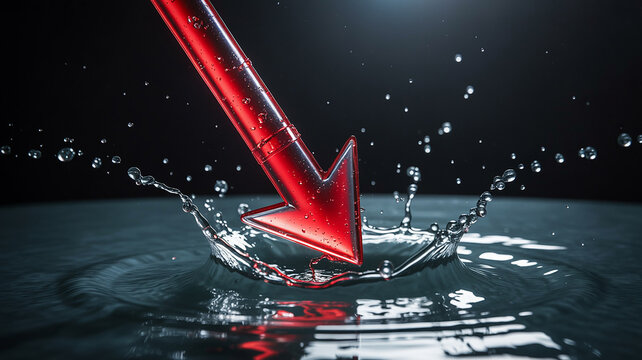 Sharp red arrow symbol striking water surface causing a splash and scattering droplets in dark moody lighting