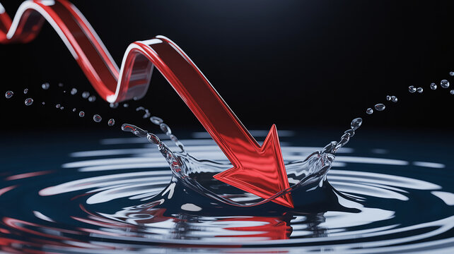 Wavy red arrow descending into dark water creating a significant splash and water spray with dark background
