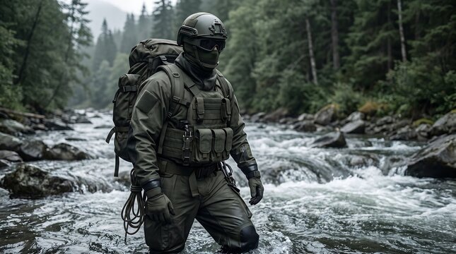 Fully equipped military operative navigating a rugged mountain river, embodying resilience and determination amidst a challenging natural environment during a covert wilderness mission