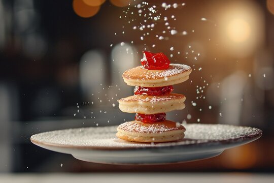 stylist and royal mini pancakes with jam flying food selective focus, space for text, photographic