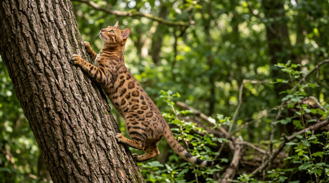 Bengal cat climbing a large tree trunk in a green forest. Agile spotted pedigree feline gripping rough bark outdoors. Animal hunting instinct
