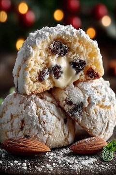 Traditional Italian Christmas ricciarelli cookies on festive background