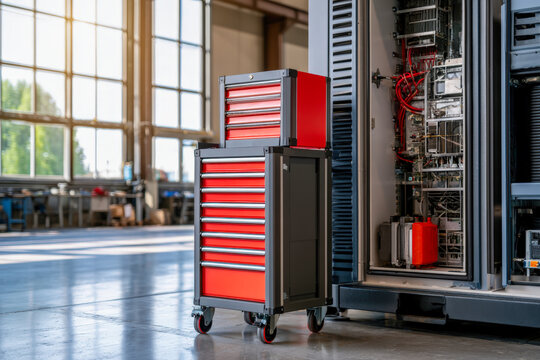 Red Tool Cabinet in Industrial Workshop for Factory Maintenance and Repair Service