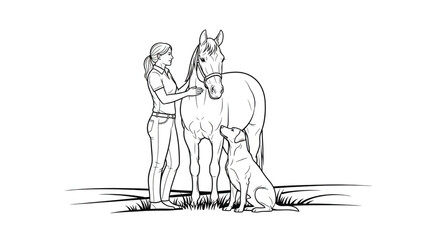 Obraz premium Woman Petting Donkey and Dog Outdoors.
