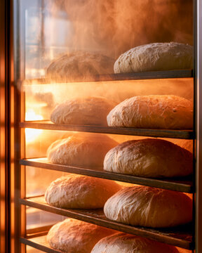 Fresh bread loaves baking in commercial oven for bakery production