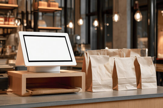 Digital restaurant ordering kiosk with takeaway bags for pickup service
