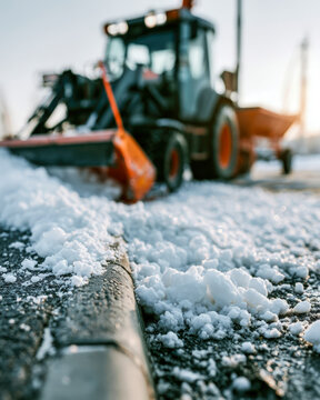 Snow removal tractor clearing winter road for municipal maintenance service