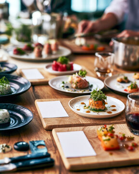 Elegant plated appetizers on event table for luxury catering service