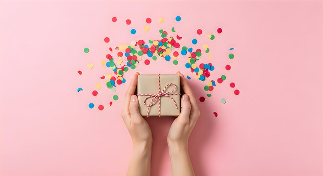 Hands holding a small gift box with colorful confetti on a soft pink background confetti surprise