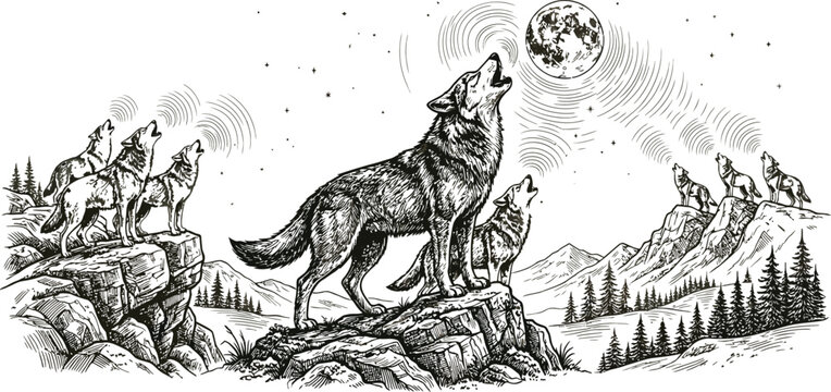 Wolves howling at the moon vintage style engraving on white background
