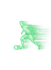 Fototapeta premium Green cartoon soccer player kicking a ball with motion lines