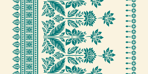 Teal and Cream Ethnic Floral Border Pattern, Seamless traditional Indian Saree paisley and botanical ornament vector ribbon design for fabric trims, saree borders, and textile printing. © supachai
