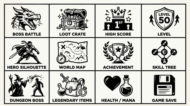 Collection of gaming icons and symbols for interface design.