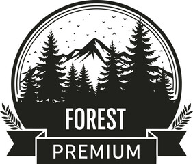 Obraz premium Forest Premium badge with mountain and trees illustration isolated on transparent background, isolated on white background, Vector