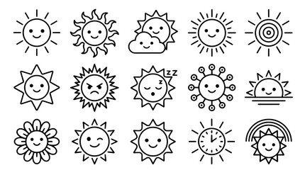 Fototapeta premium Line art sun icons set with various expressions and weather