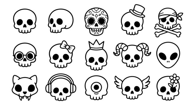 Fifteen cute cartoon skull and alien head icons