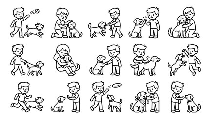 Obraz premium People and dogs set of pet care and playful interaction icons