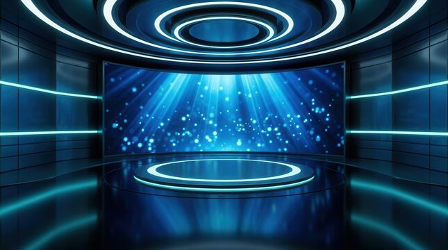 Futuristic digital news studio environment with a large TV wall and circular stage.