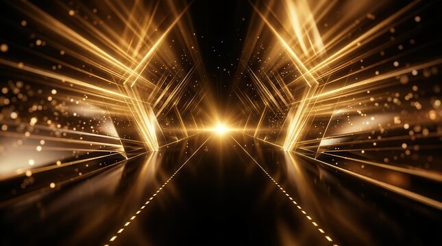 Luxury award ceremony backdrop with golden light rays and abstract shapes.